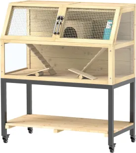 Multi-Level Wooden Hamster Cage for Syrian/Gerbils - Spacious 34 Habitat with Storage Shelf & Transparent Panels, Natural Wood