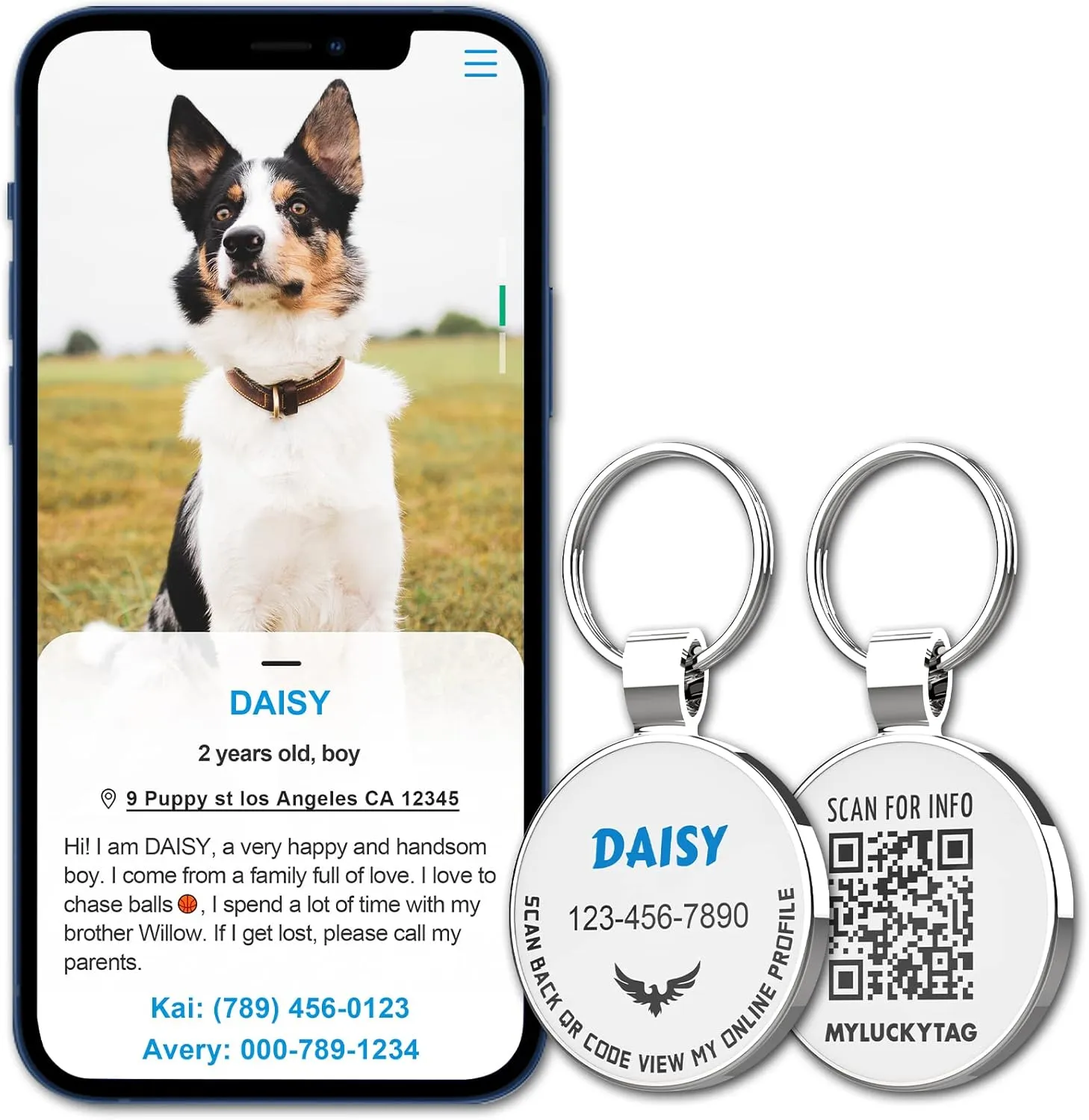 MYLUCKYTAG QR Code Personalized Pet ID Tags Dog Tags - Pet Online Profile - Scan QR Receive Instant Pet Location Alert Email