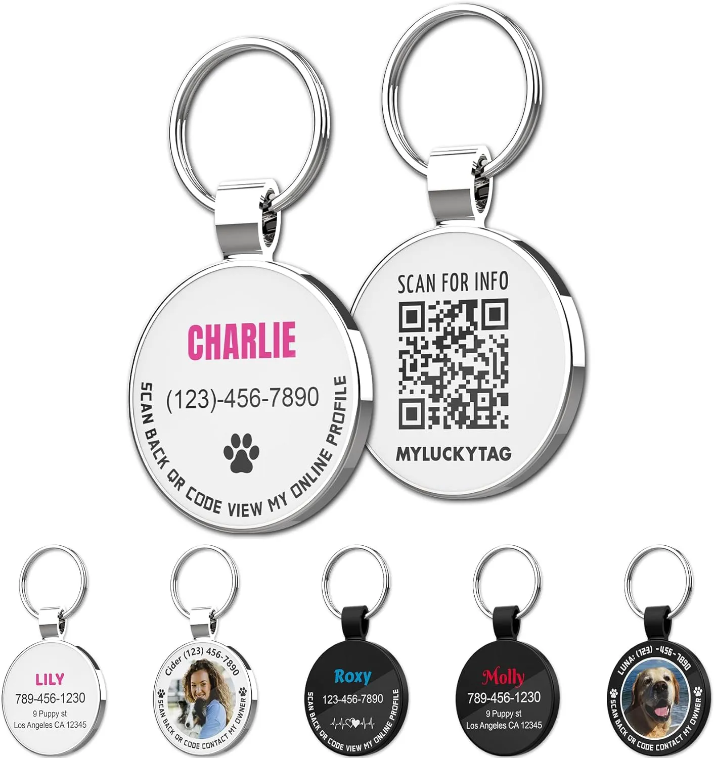 MYLUCKYTAG QR Code Personalized Pet ID Tags Dog Tags - Pet Online Profile - Scan QR Receive Instant Pet Location Alert Email