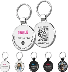 MYLUCKYTAG QR Code Personalized Pet ID Tags Dog Tags - Pet Online Profile - Scan QR Receive Instant Pet Location Alert Email