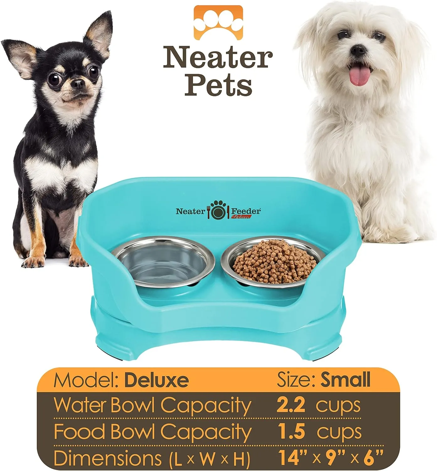 Neater Feeder Deluxe Mess Proof Dog Bowls Elevated for Small Breed  Made in USA  No Spill Raised Dog Food Bowl Stand  Stainless Steel Food and Water Bowl Set, Pet Feeding Station, Aquamarine