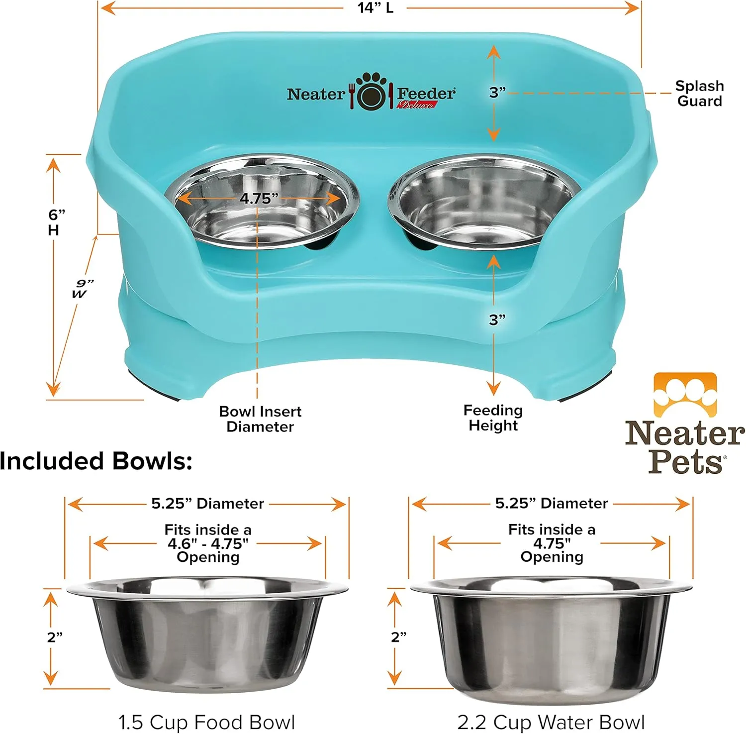 Neater Feeder Deluxe Mess Proof Dog Bowls Elevated for Small Breed  Made in USA  No Spill Raised Dog Food Bowl Stand  Stainless Steel Food and Water Bowl Set, Pet Feeding Station, Aquamarine