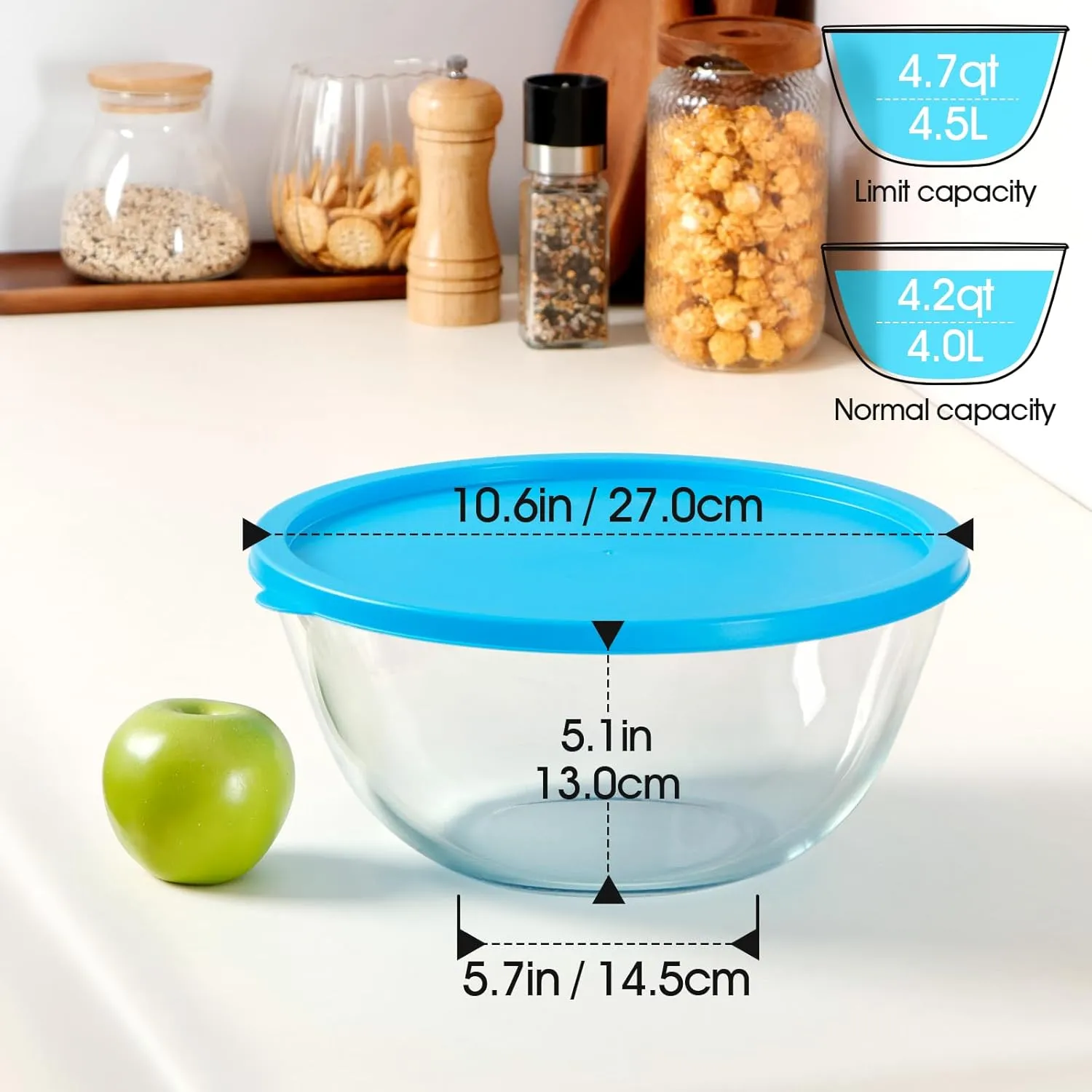 NUTRIUPS 4.7 Quart Large Glass Mixing Bowl with Lid, Deep Big Glass Bowl Large Salad Bowl (Blue)