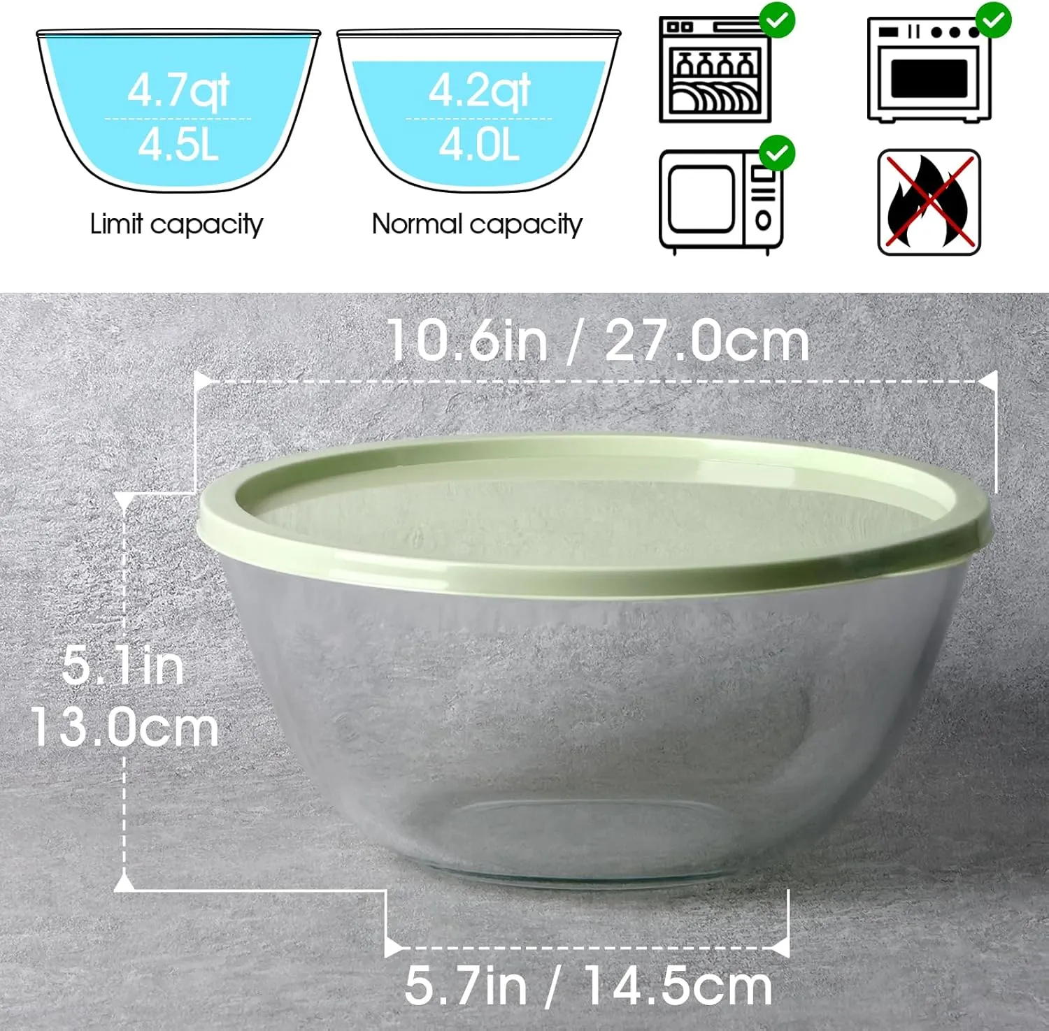 NUTRIUPS 4.7 Quart Large Glass Mixing Bowl with Lid, Deep Big Glass Bowl Large Salad Bowl