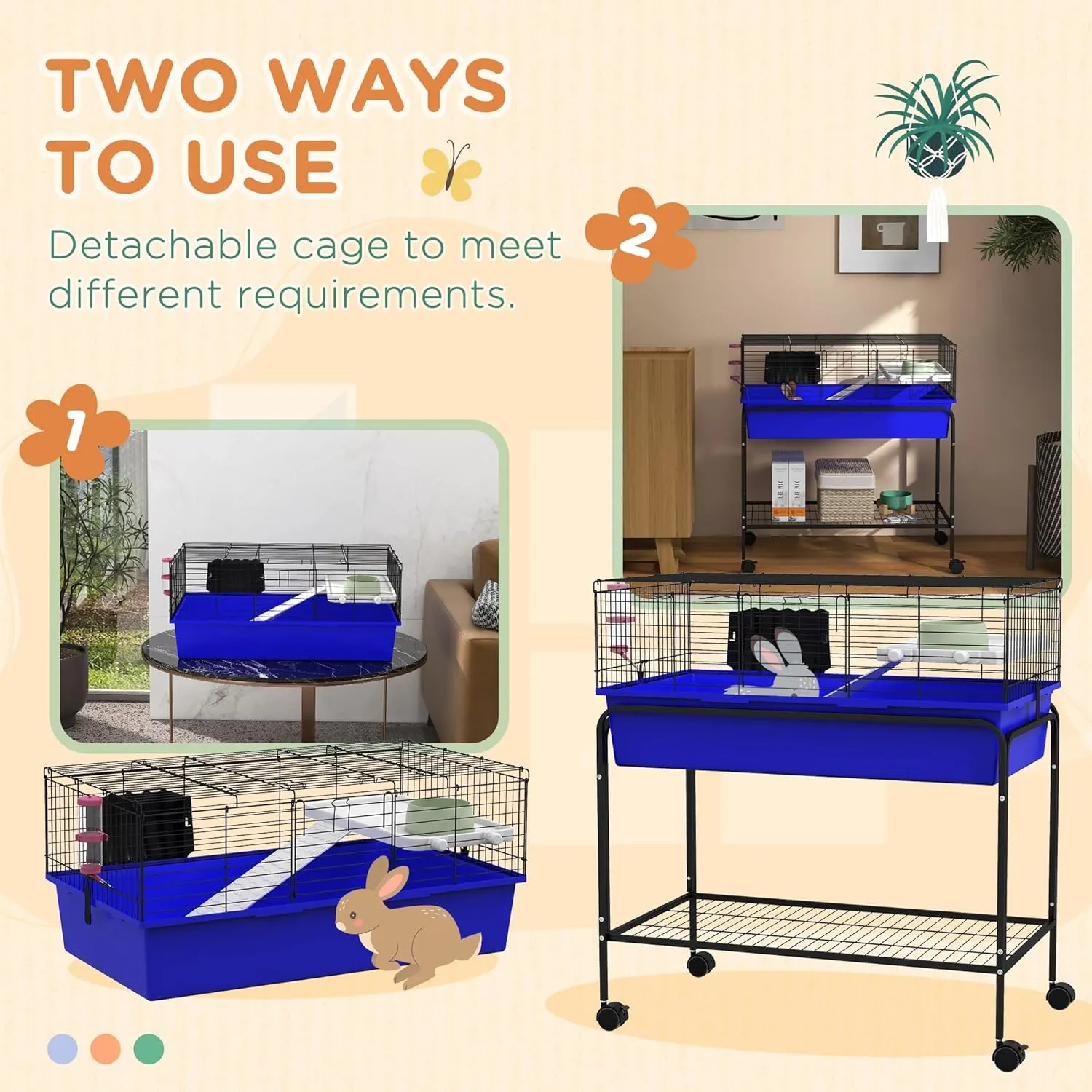 PawHut Two-Story Small Animal Cage Removable From Stand, Guinea Pig, Hedgehog, Chinchilla, Ferret Habitat With Shelf & Wheels, 33" x 18.5" x 35", Blue