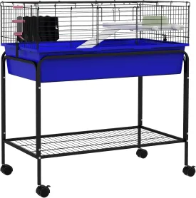 PawHut Two-Story Small Animal Cage Removable From Stand, Guinea Pig, Hedgehog, Chinchilla, Ferret Habitat With Shelf & Wheels, 33" x 18.5" x 35", Blue