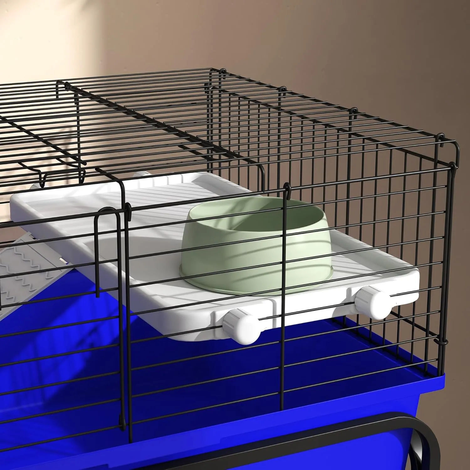 PawHut Two-Story Small Animal Cage Removable From Stand, Guinea Pig, Hedgehog, Chinchilla, Ferret Habitat With Shelf & Wheels, 33" x 18.5" x 35", Blue