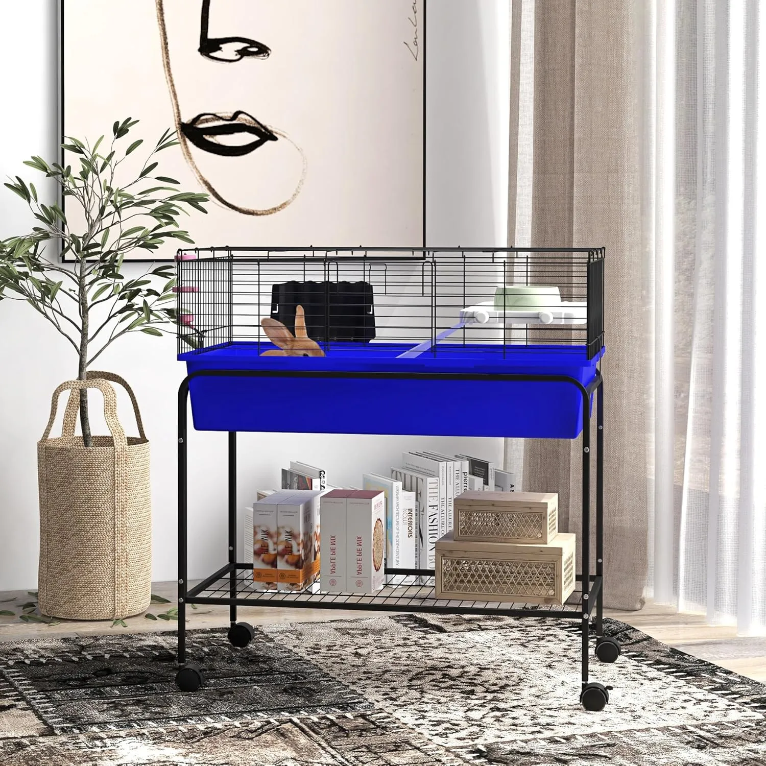 PawHut Two-Story Small Animal Cage Removable From Stand, Guinea Pig, Hedgehog, Chinchilla, Ferret Habitat With Shelf & Wheels, 33" x 18.5" x 35", Blue