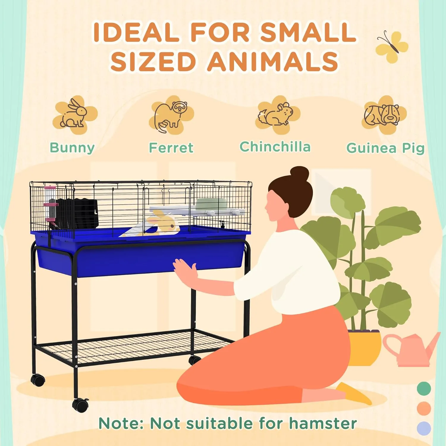 PawHut Two-Story Small Animal Cage Removable From Stand, Guinea Pig, Hedgehog, Chinchilla, Ferret Habitat With Shelf & Wheels, 33" x 18.5" x 35", Blue