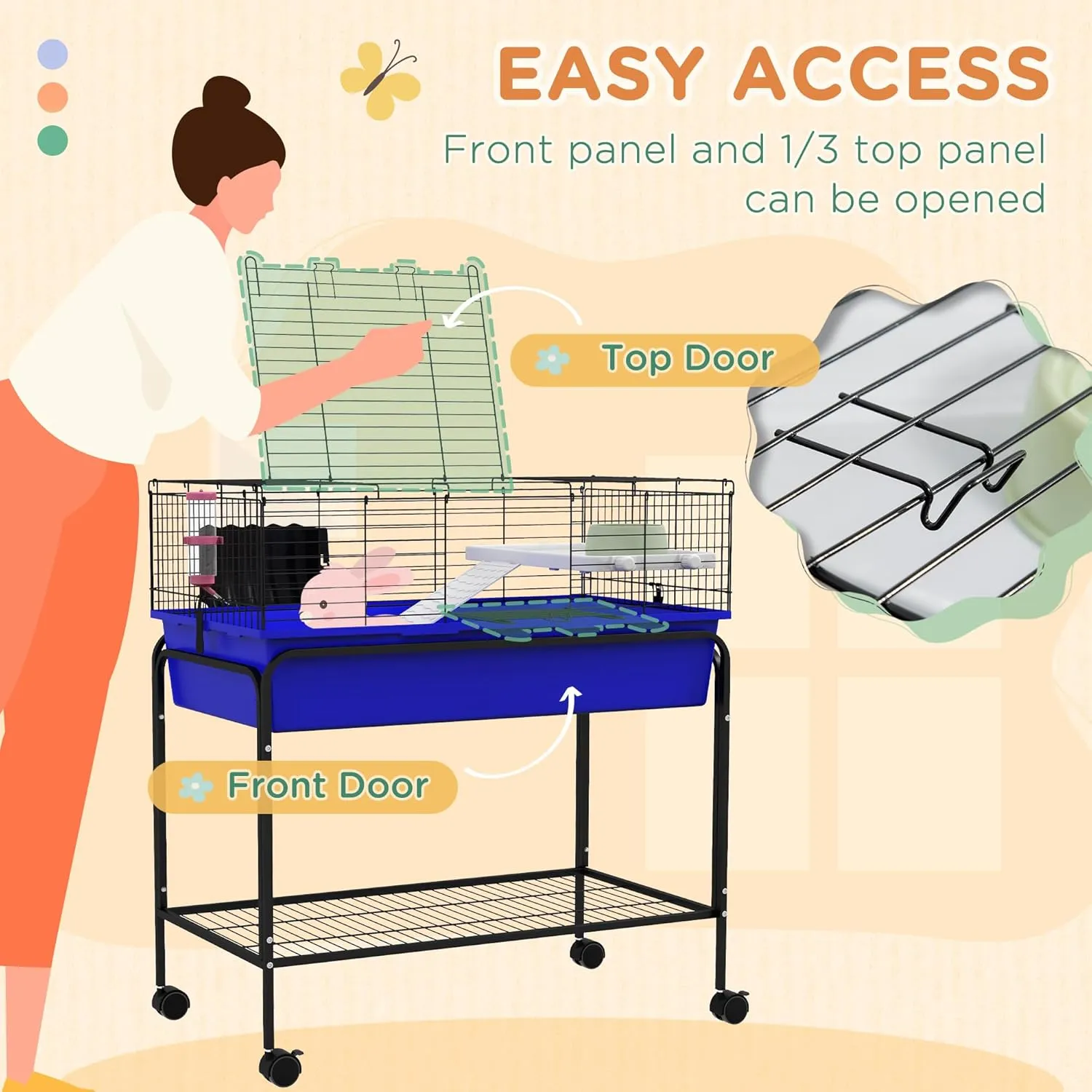 PawHut Two-Story Small Animal Cage Removable From Stand, Guinea Pig, Hedgehog, Chinchilla, Ferret Habitat With Shelf & Wheels, 33" x 18.5" x 35", Blue