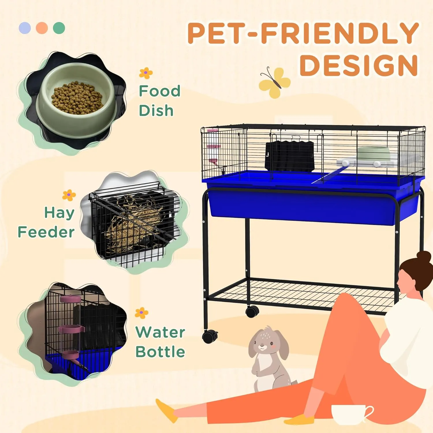 PawHut Two-Story Small Animal Cage Removable From Stand, Guinea Pig, Hedgehog, Chinchilla, Ferret Habitat With Shelf & Wheels, 33" x 18.5" x 35", Blue