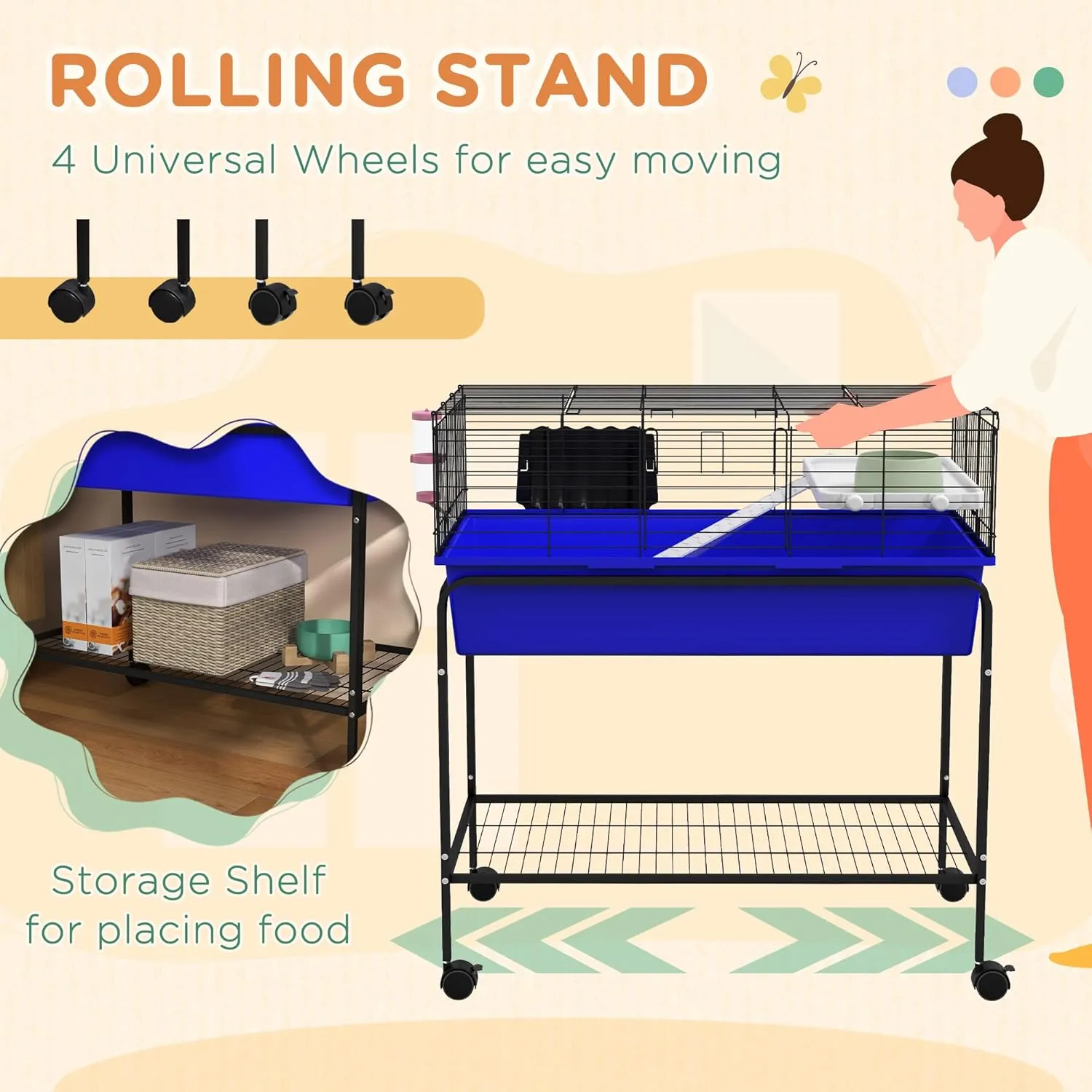 PawHut Two-Story Small Animal Cage Removable From Stand, Guinea Pig, Hedgehog, Chinchilla, Ferret Habitat With Shelf & Wheels, 33" x 18.5" x 35", Blue