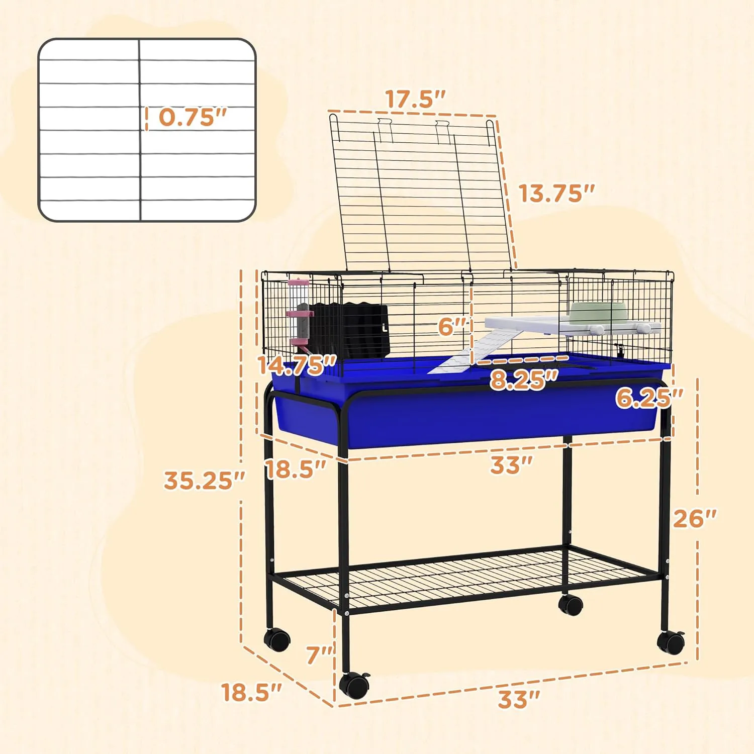 PawHut Two-Story Small Animal Cage Removable From Stand, Guinea Pig, Hedgehog, Chinchilla, Ferret Habitat With Shelf & Wheels, 33" x 18.5" x 35", Blue