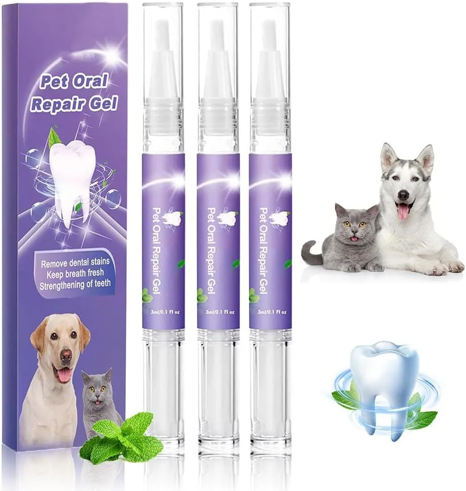 Pet Oral Repair Gel for Dogs, 2025 New Pet Oral Restoration Whitening Gels, Dog Teeth Cleaning Pen, Pet Teeth Care Gels Cleaner Teeth & Fresher Breath, Pets Toothbrush Pen for Dogs & Cats (3)