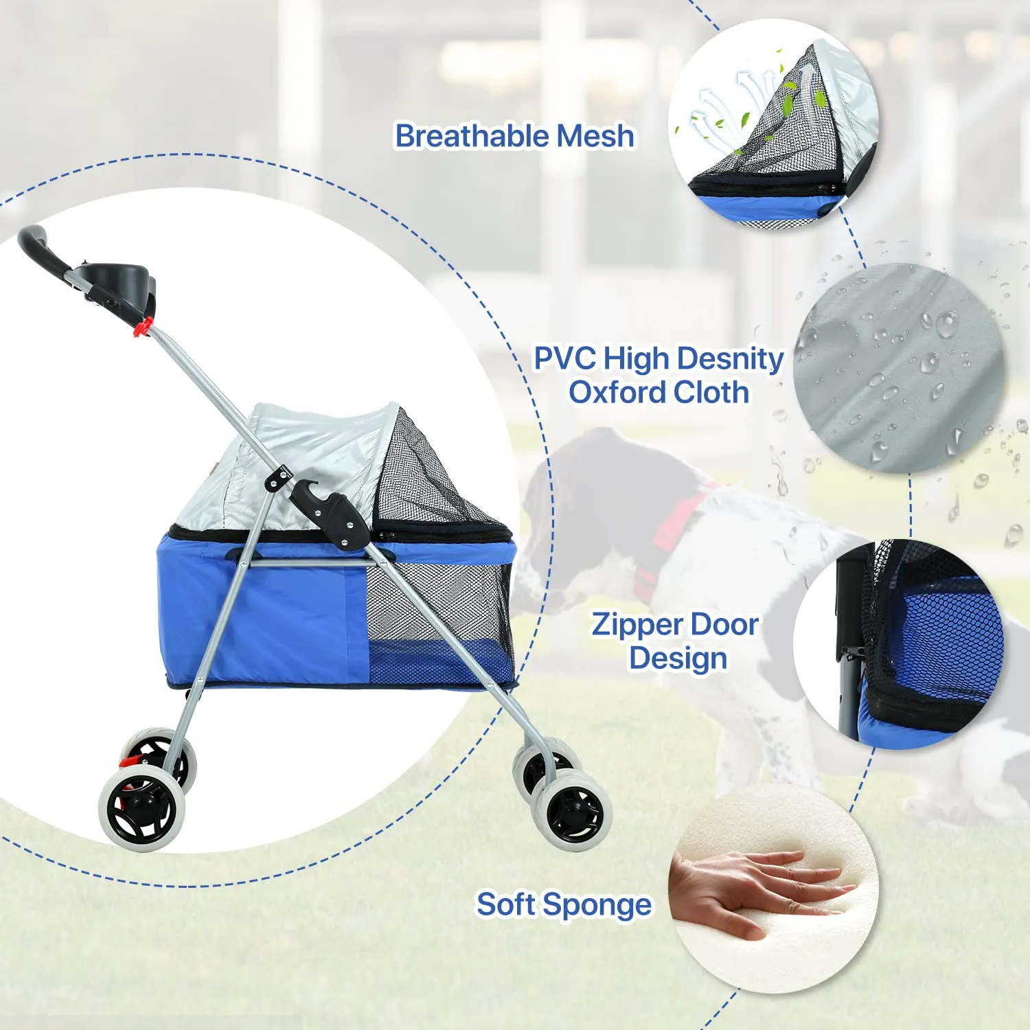 Pet Stroller Jogger Folding Travel Carrier 4 Wheels Cat & Dog Stroller with Cup Holder - 35 Pound Capacity, Blue