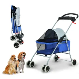 Pet Stroller Jogger Folding Travel Carrier 4 Wheels Cat & Dog Stroller with Cup Holder - 35 Pound Capacity, Blue