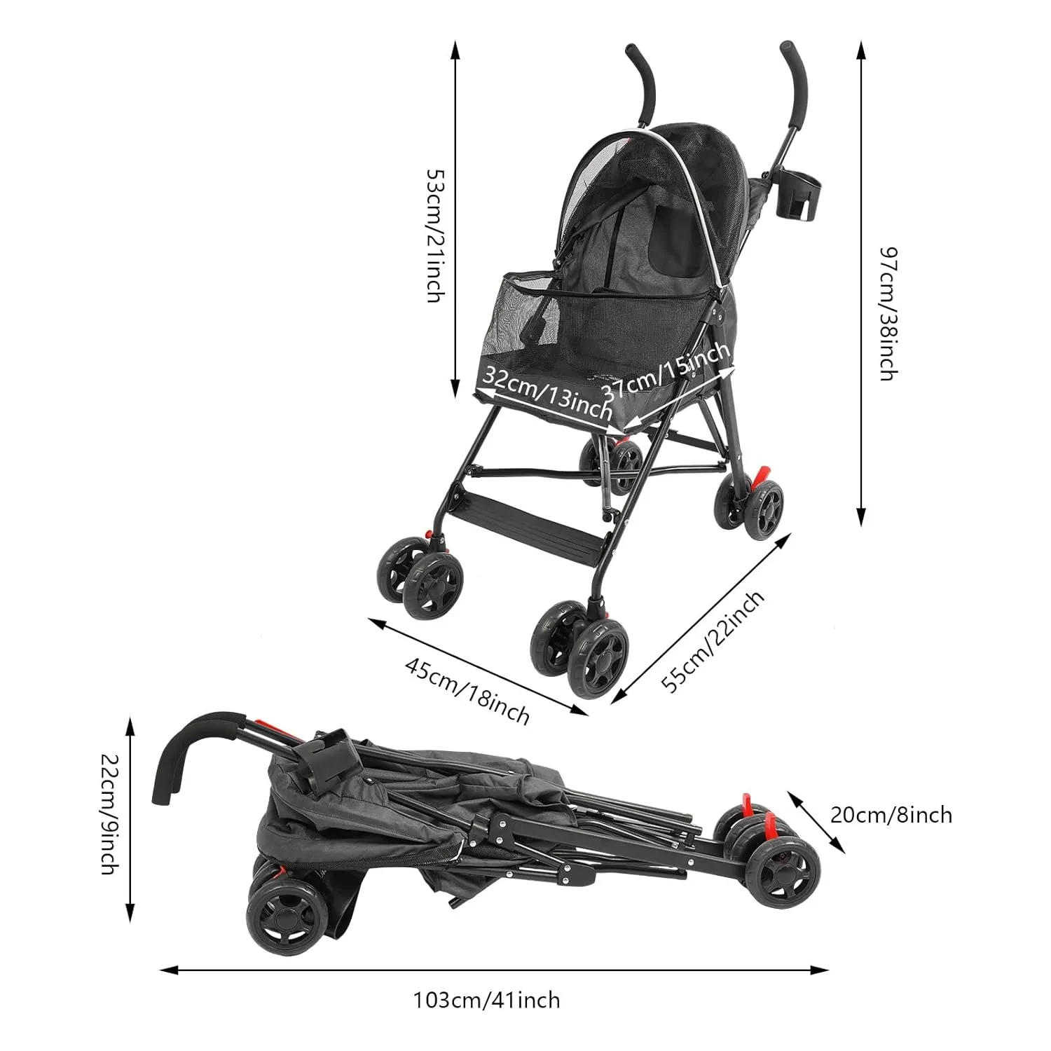 Pet Travel Stroller, Pet Stroller Made of Oxford Cloth, Spray Molding Foldable Pet Stroller 22 * 18 * 38in (Black)