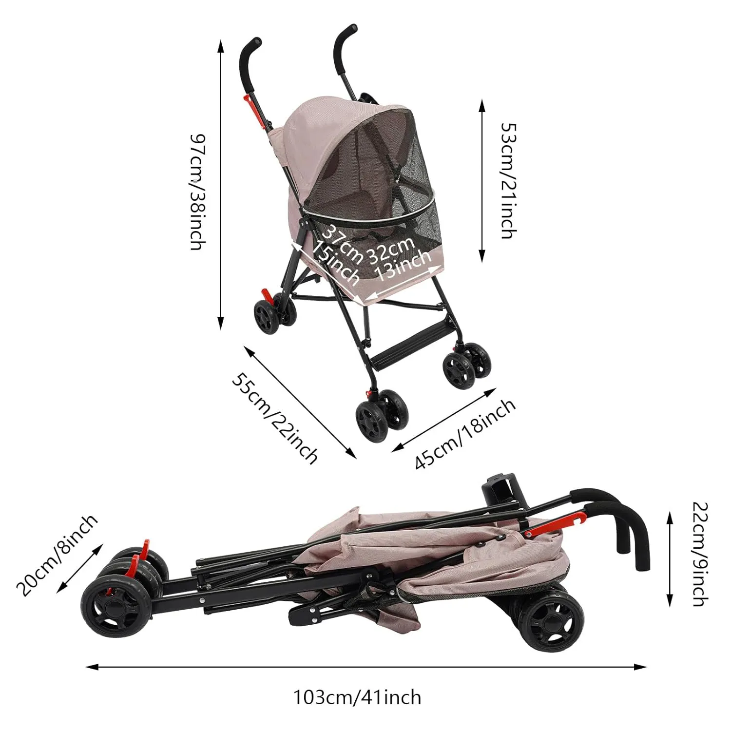 Pet Travel Stroller, Pet Stroller Made of Oxford Cloth, Spray Molding Foldable Pet Stroller 22 * 18 * 38in (Pink)