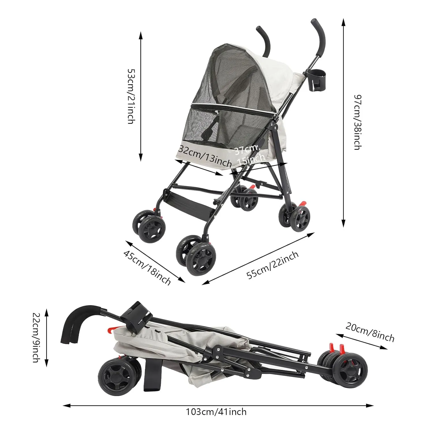Pet Travel Stroller, Pet Stroller Made of Oxford Cloth, Spray Molding Foldable Pets Strollers 22 * 18 * 38in (Gray)