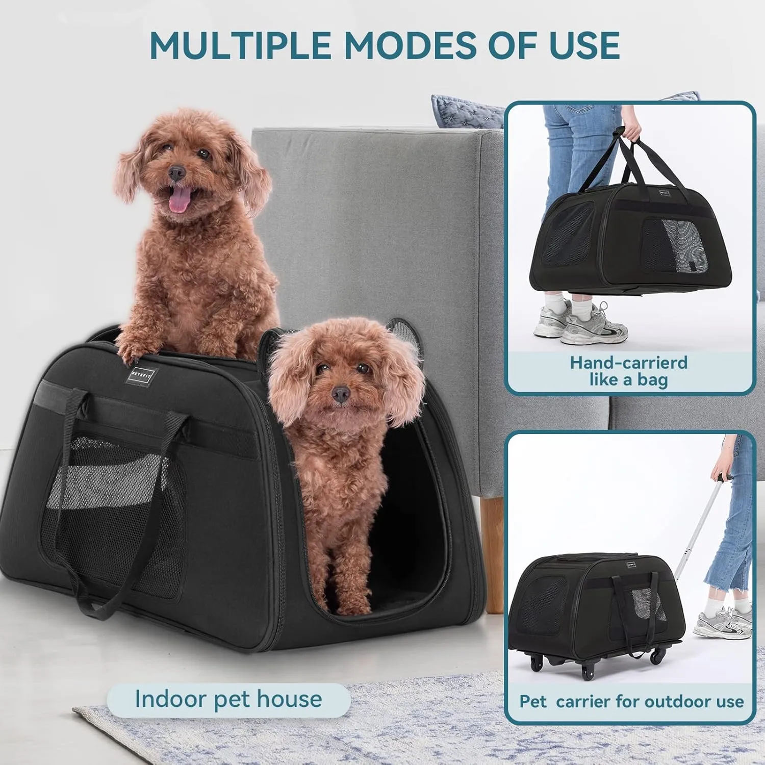 PETSFIT Extra Large Pet Carrier with Wheels- Rolling Dog Carrier for 2 Small Dogs, Large Cat Carrier on Wheels with Adjustable Safety Rope & Waterproof Bottom (  )