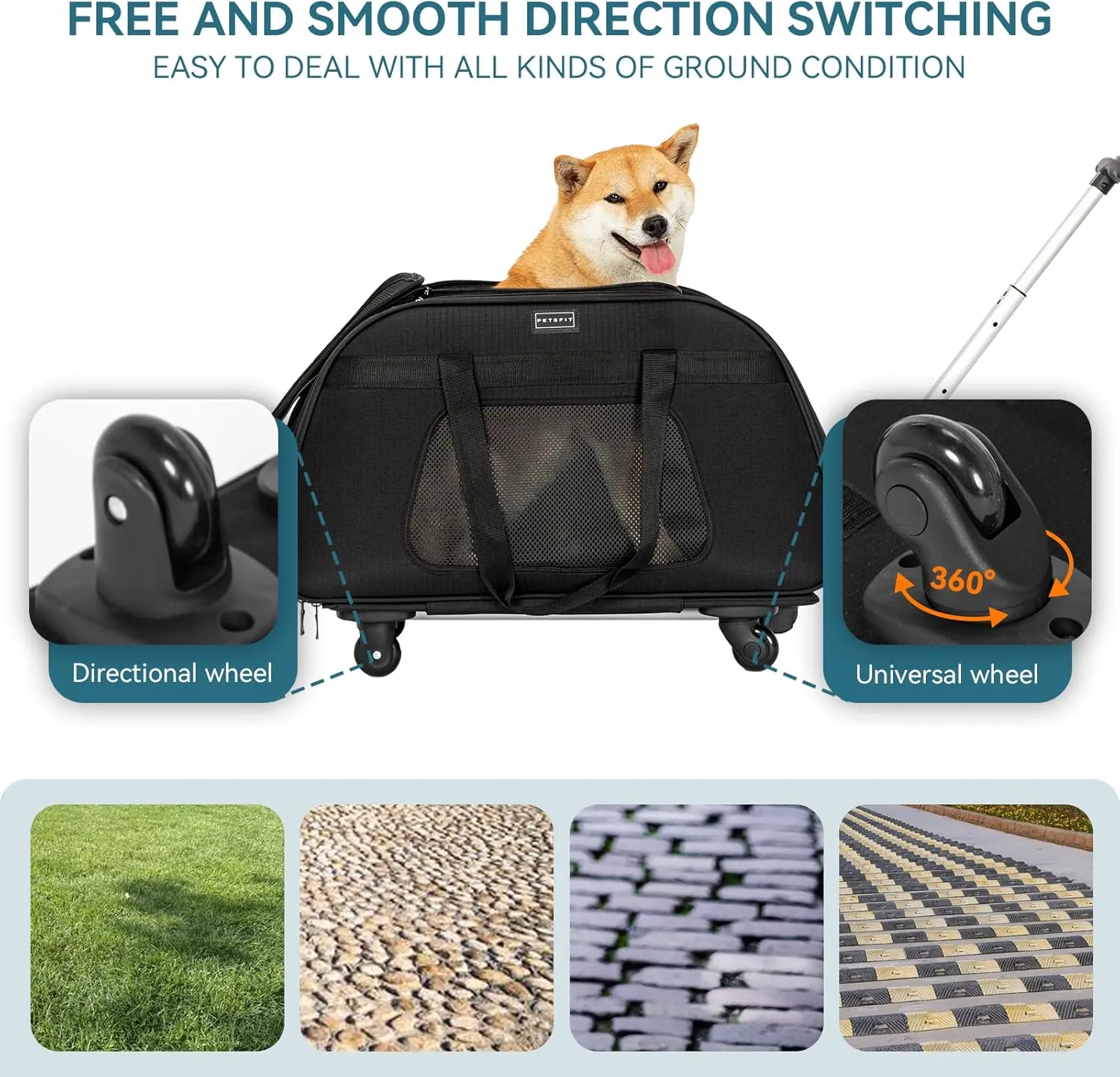 PETSFIT Extra Large Pet Carrier with Wheels- Rolling Dog Carrier for 2 Small Dogs, Large Cat Carrier on Wheels with Adjustable Safety Rope & Waterproof Bottom (  )