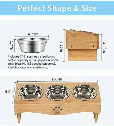 Raised Tilted Cat Bowl Stand Set with 3 Bowl