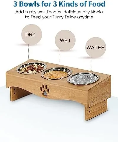 Raised Tilted Cat Bowl Stand Set with 3 Bowl