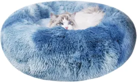 Round Calming Dog & Cat Bed, Anti-Anxiety Donut Cuddler Warming Cozy Soft Round Bed, Fluffy Faux Fur Plush Cushion Bed, Washable Soft Warm Pet Bed with Non-Slip Bottom (Blue, S(25*25*8in))