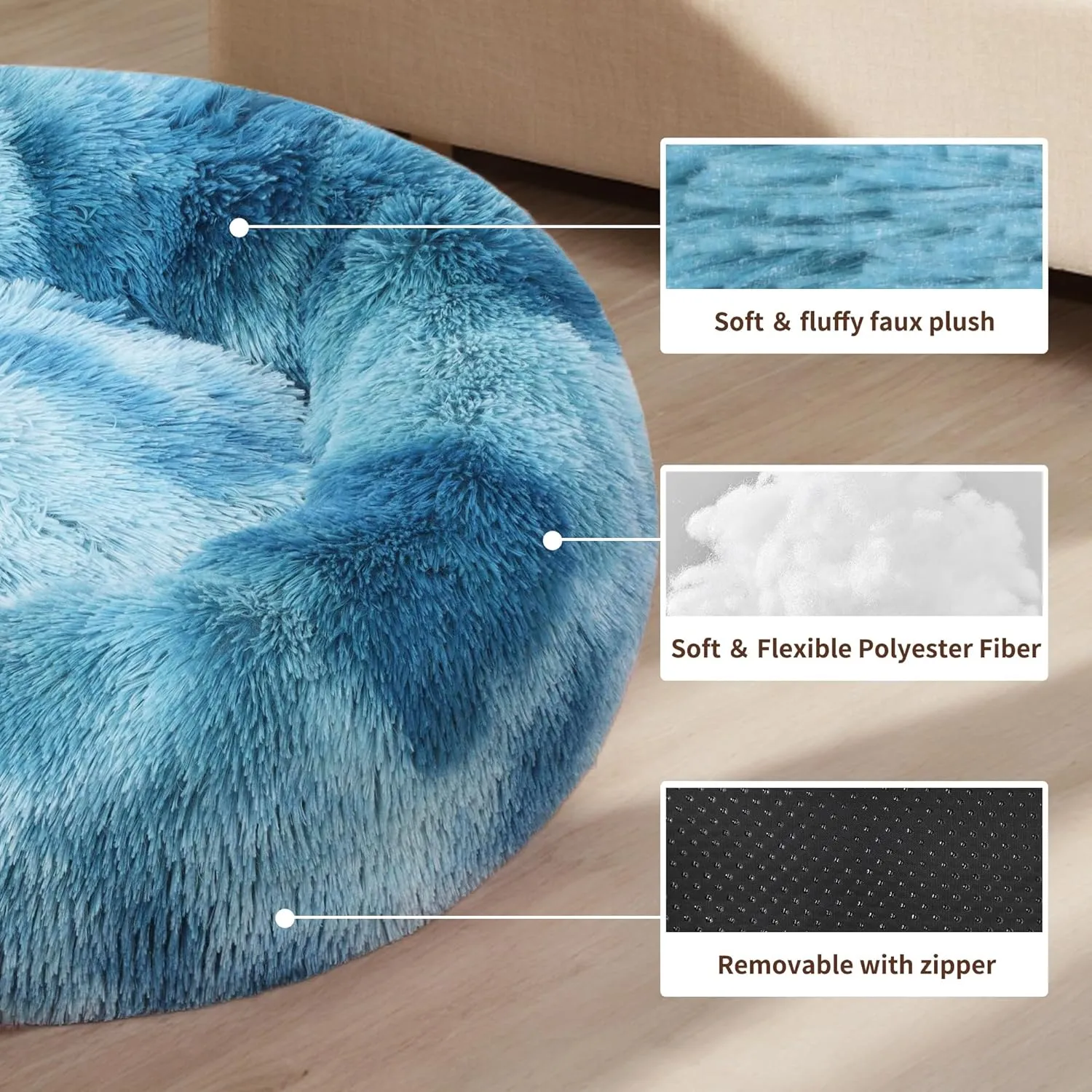 Round Calming Dog & Cat Bed, Anti-Anxiety Donut Cuddler Warming Cozy Soft Round Bed, Fluffy Faux Fur Plush Cushion Bed, Washable Soft Warm Pet Bed with Non-Slip Bottom (Blue, S(25*25*8in))
