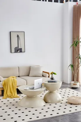 Set of 2 Round Coffee Tables with Storage, Movable Table Top, Cat Bed Design, Milk White