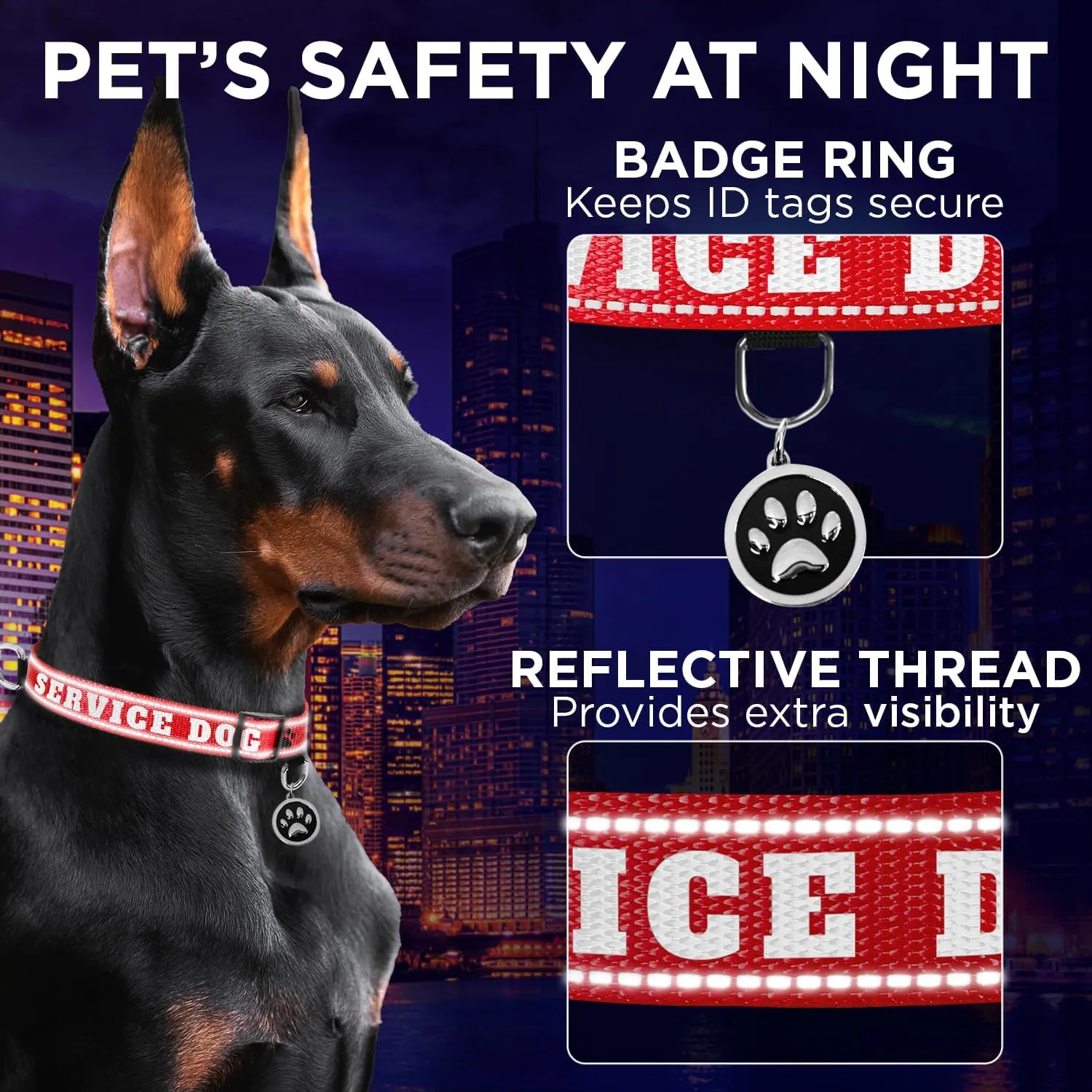 TECEUM Reflective Pet Collar  Red - Service Dog  XL  Extra Soft Padding  Basic Nylon Dog Collar  Quick Release Buckle  Fits Small, Medium and Large Dogs, Puppies, Cats