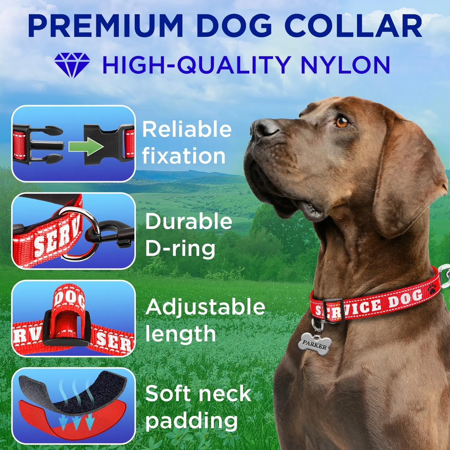 TECEUM Reflective Pet Collar  Red - Service Dog  XL  Extra Soft Padding  Basic Nylon Dog Collar  Quick Release Buckle  Fits Small, Medium and Large Dogs, Puppies, Cats