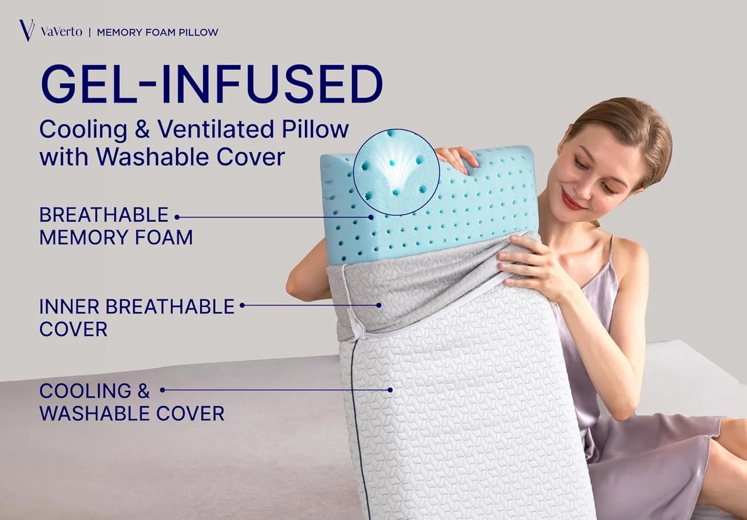 Vaverto King Size Gel Memory Foam Pillow: Ventilated, Orthopedic, Contoured Support, Cooling Design with Viscose Made from Bamboo Cover - Dorm Room Essential, Original White