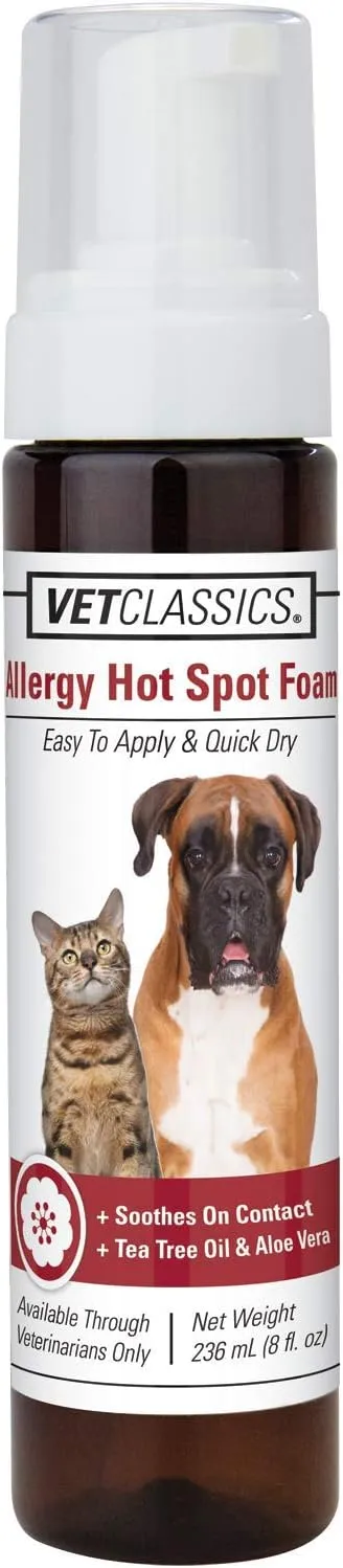 Vet Classics Allergy Hot Spot Foam for Dogs and Cats  Pet Spray for Hot Spots, Itchy, Irritated Skin  Includes Aloe Vera  Quiet Pet Foam for Sensitive Skin, Quick-Drying  8 Oz.