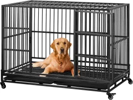 Yaheetech 48'' Dog Crate Extra Large Pet Crate XXL Indestructible Dog Crate W/2 Doors/Lockable Wheels/Removeable Trays for Indoor/Outdoor