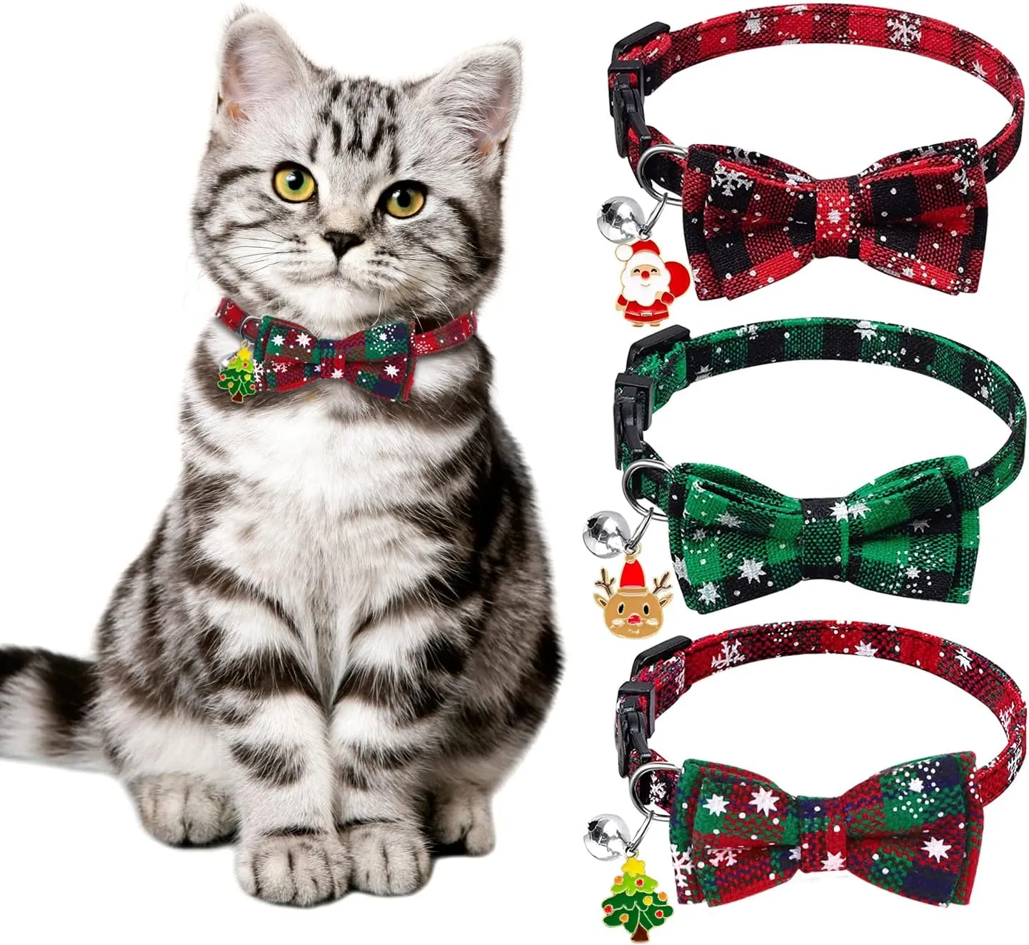 YUJUN 3Pack Christmas Cat Collars Breakaway with Bow tie and Bell Christmas Adjustable Plaid Snowflake Collar Buckle Safety for Puppy Kittens