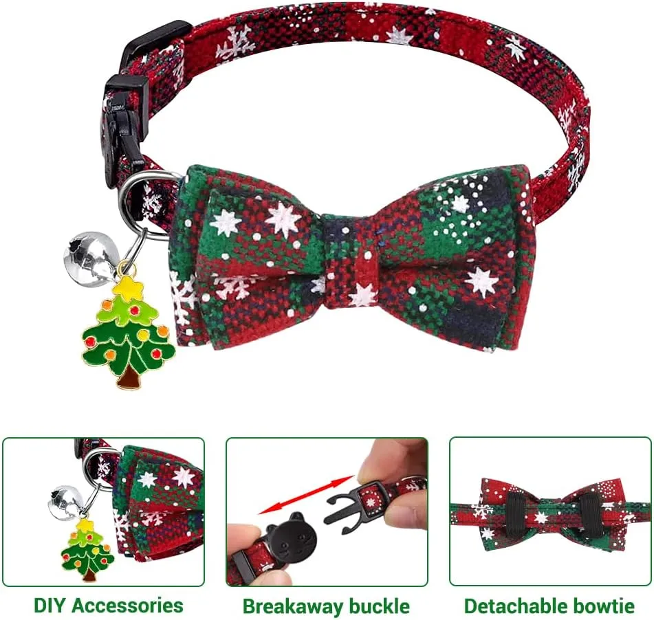 YUJUN 3Pack Christmas Cat Collars Breakaway with Bow tie and Bell Christmas Adjustable Plaid Snowflake Collar Buckle Safety for Puppy Kittens