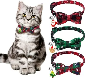 YUJUN 3Pack Christmas Cat Collars Breakaway with Bow tie and Bell Christmas Adjustable Plaid Snowflake Collar Buckle Safety for Puppy Kittens