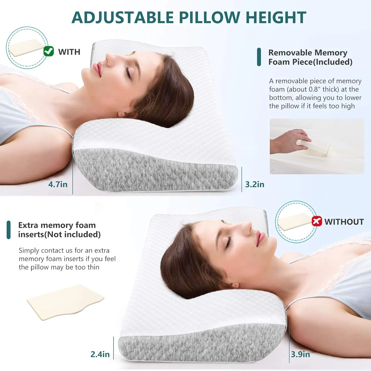 ZAMAT Memory Foam Pillow for Neck Pain Relief, Adjustable Ergonomic Cervical Pillow for Sleeping, Orthopedic Neck Pillow with Washable Cover, Bed Pillows for Side, Back, Stomach Sleepers